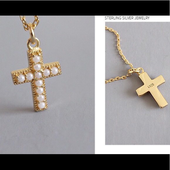Dainty Pearl Cross Sterling Silver Gold Necklace - Picture 6 of 6